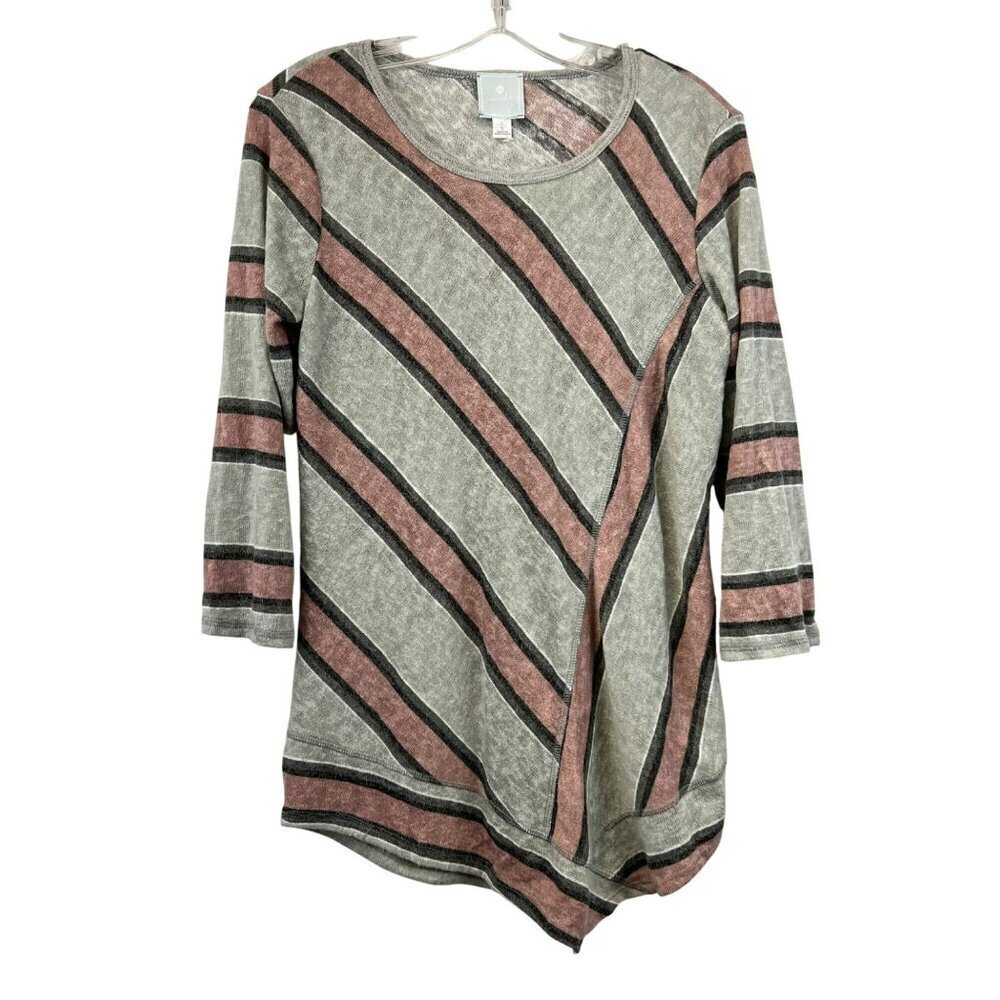 Sunday Womens Striped Top Asymmetrical Hem 3/4 Sleeve Gray/Multi Size Small